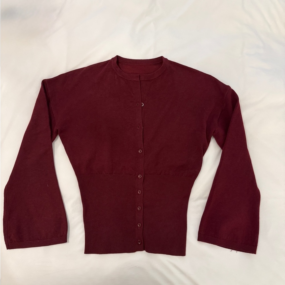 Women's Burgundy Button-Front Crewneck Sweater